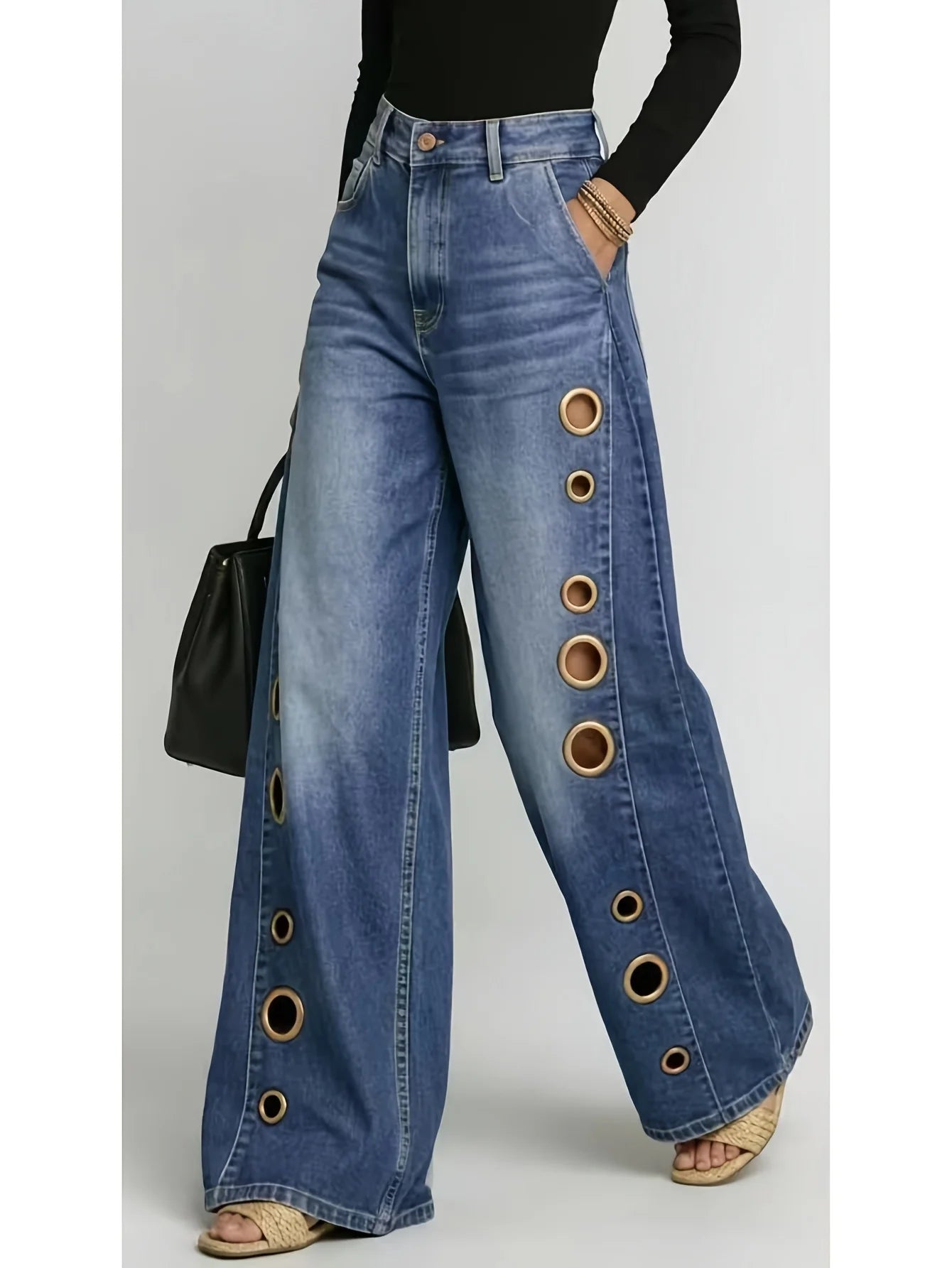 Retro Eyelet Wide Leg Jeans – Women’s High Waist Baggy Denim Pants