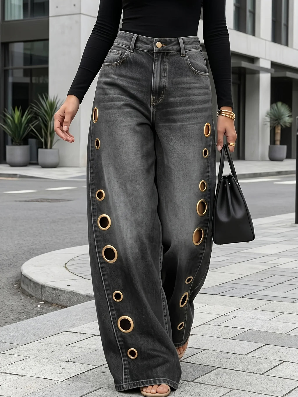 Retro Eyelet Wide Leg Jeans – Women’s High Waist Baggy Denim Pants