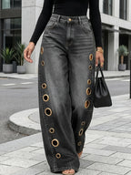 Retro Eyelet Wide Leg Jeans – Women’s High Waist Baggy Denim Pants