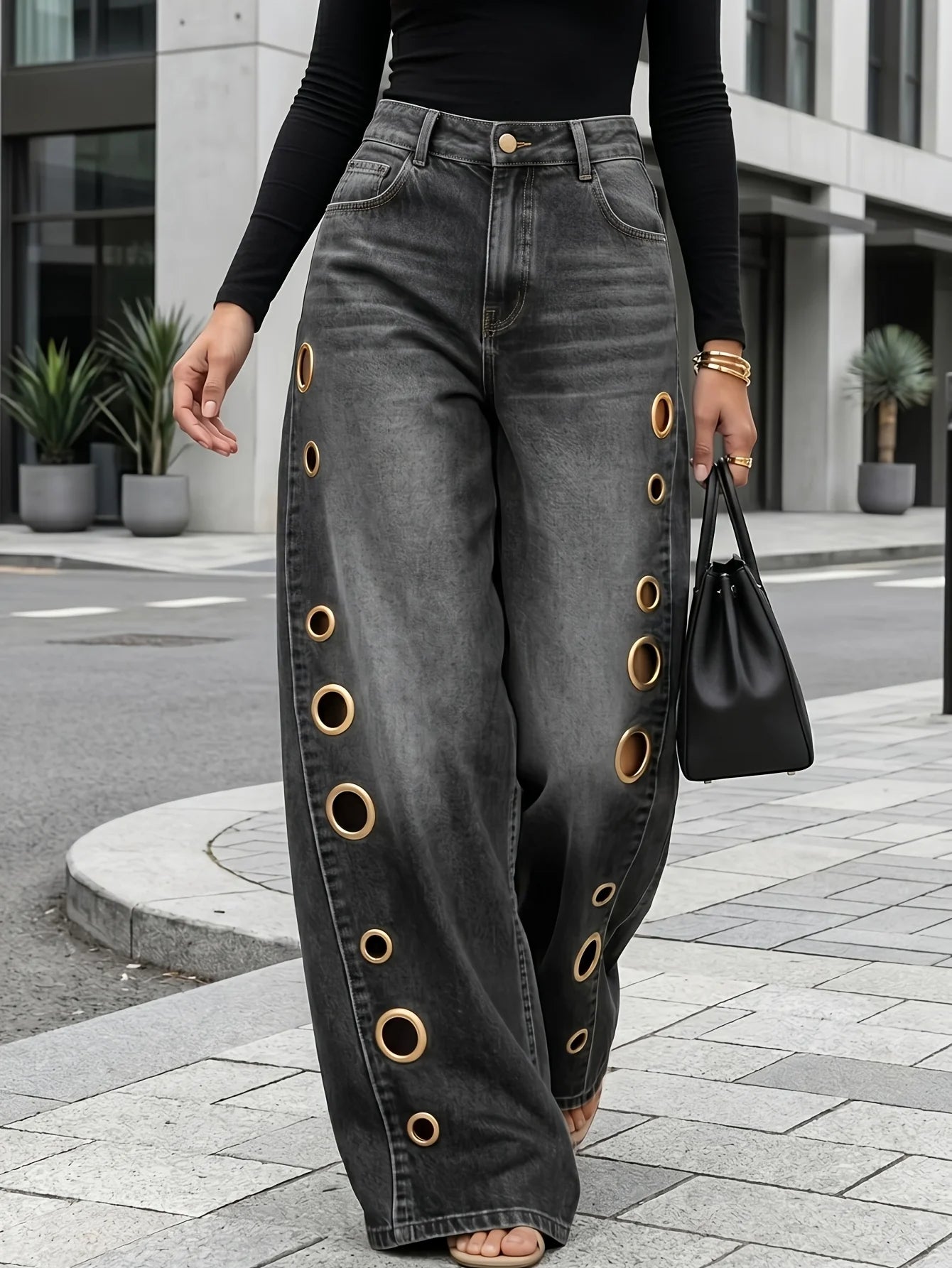 Retro Eyelet Wide Leg Jeans – Women’s High Waist Baggy Denim Pants