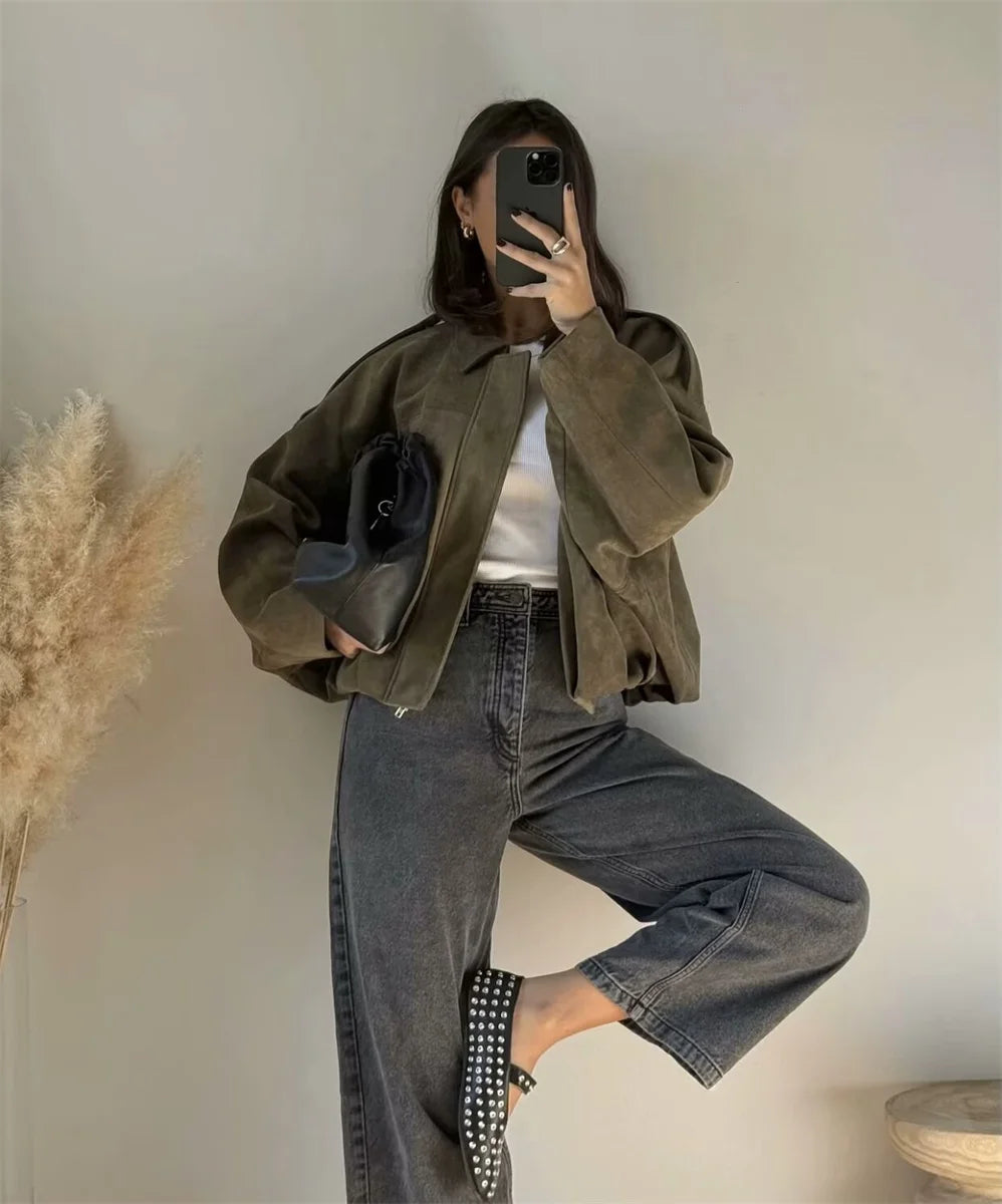 Vintage Military Bomber Jacket – Women’s Loose Fit Utility Coat