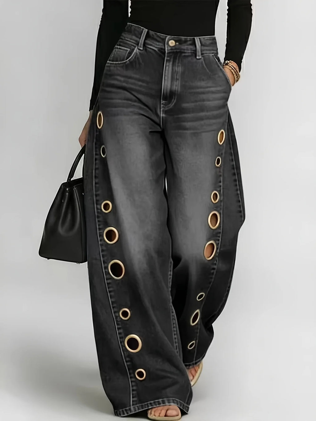 Retro Eyelet Wide Leg Jeans – Women’s High Waist Baggy Denim Pants