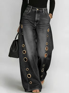 Retro Eyelet Wide Leg Jeans – Women’s High Waist Baggy Denim Pants