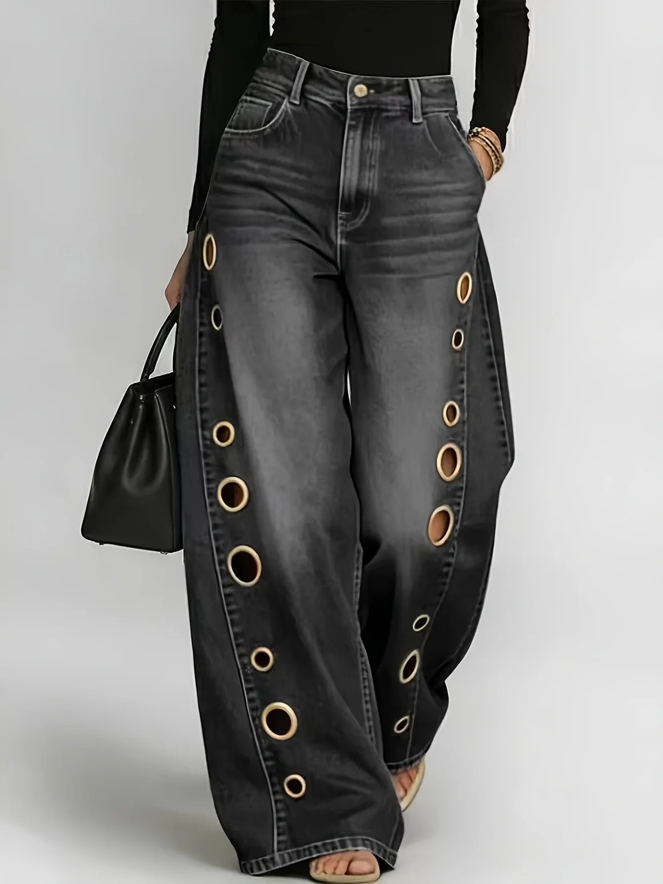Retro Eyelet Wide Leg Jeans – Women’s High Waist Baggy Denim Pants
