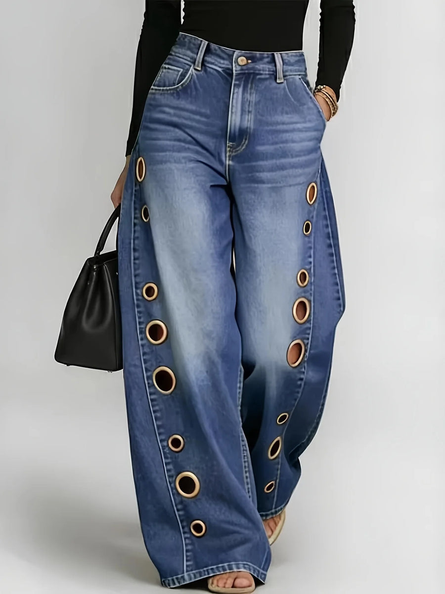 Retro Eyelet Wide Leg Jeans – Women’s High Waist Baggy Denim Pants