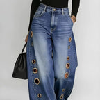 Retro Eyelet Wide Leg Jeans – Women’s High Waist Baggy Denim Pants