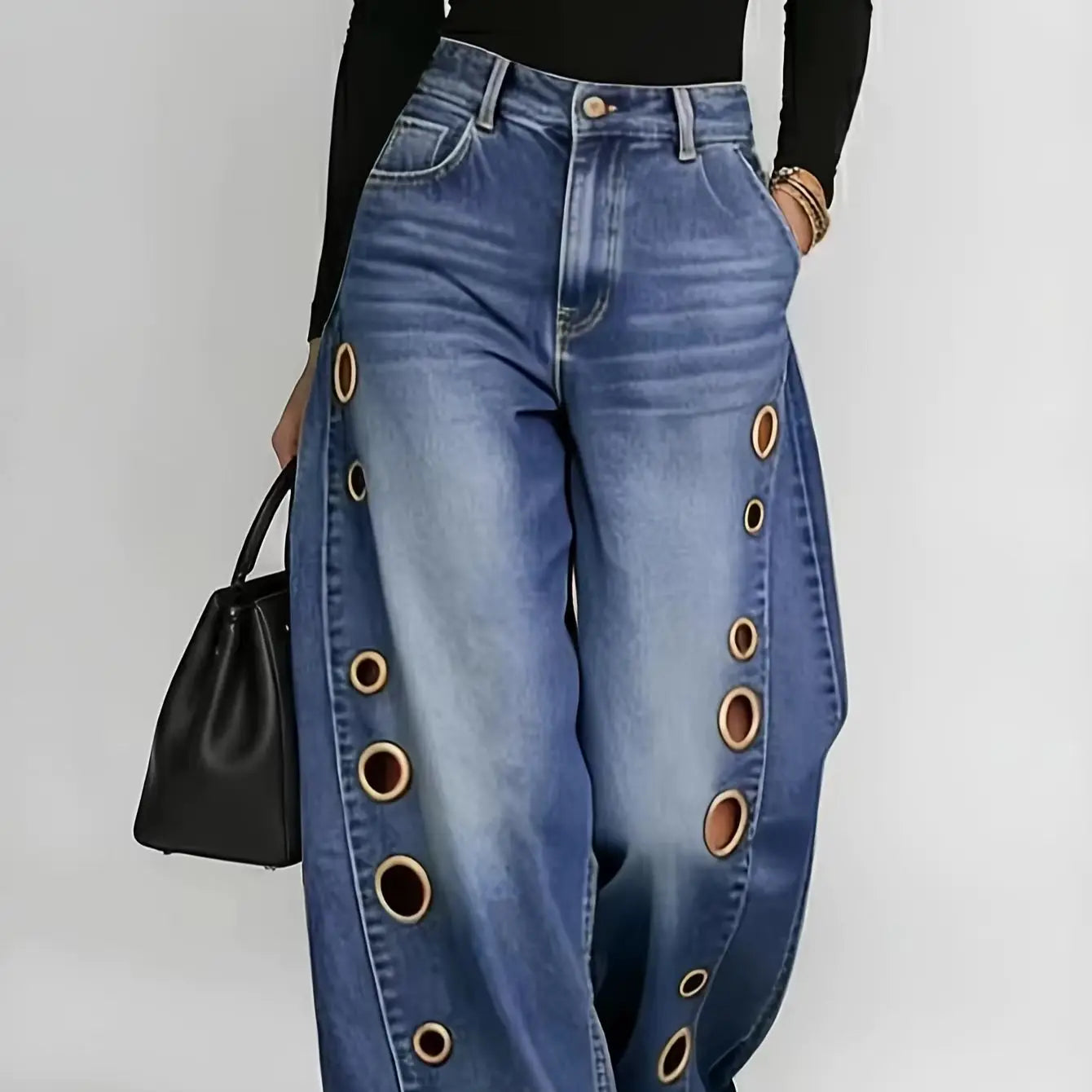 Retro Eyelet Wide Leg Jeans – Women’s High Waist Baggy Denim Pants
