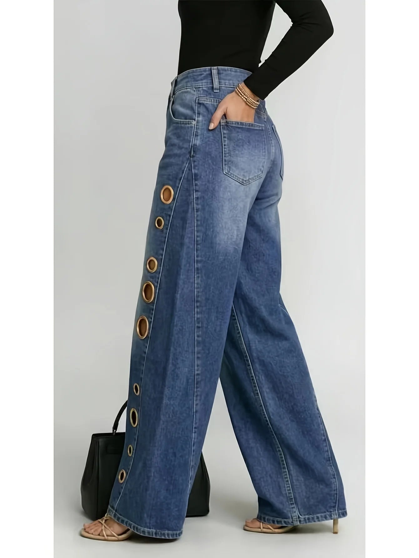 Retro Eyelet Wide Leg Jeans – Women’s High Waist Baggy Denim Pants