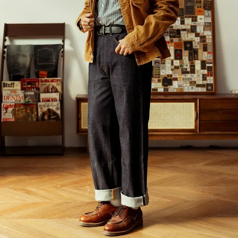 Men’s Relaxed Straight Raw Denim Jeans – Vintage Selvedge Pants