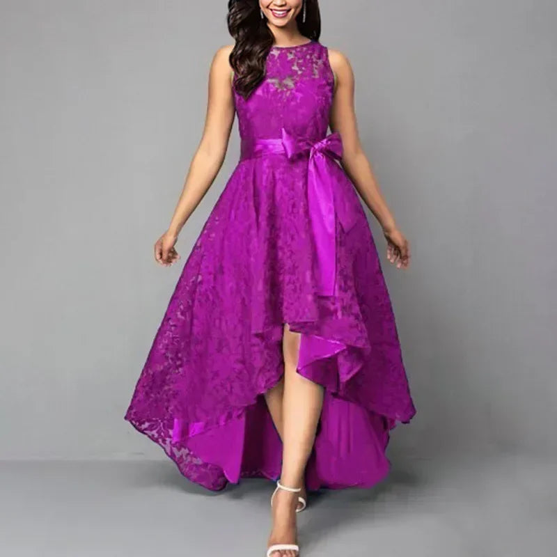Elegant Lace Bridesmaid Maxi Dress – Women’s High Waist Bow Evening Gown
