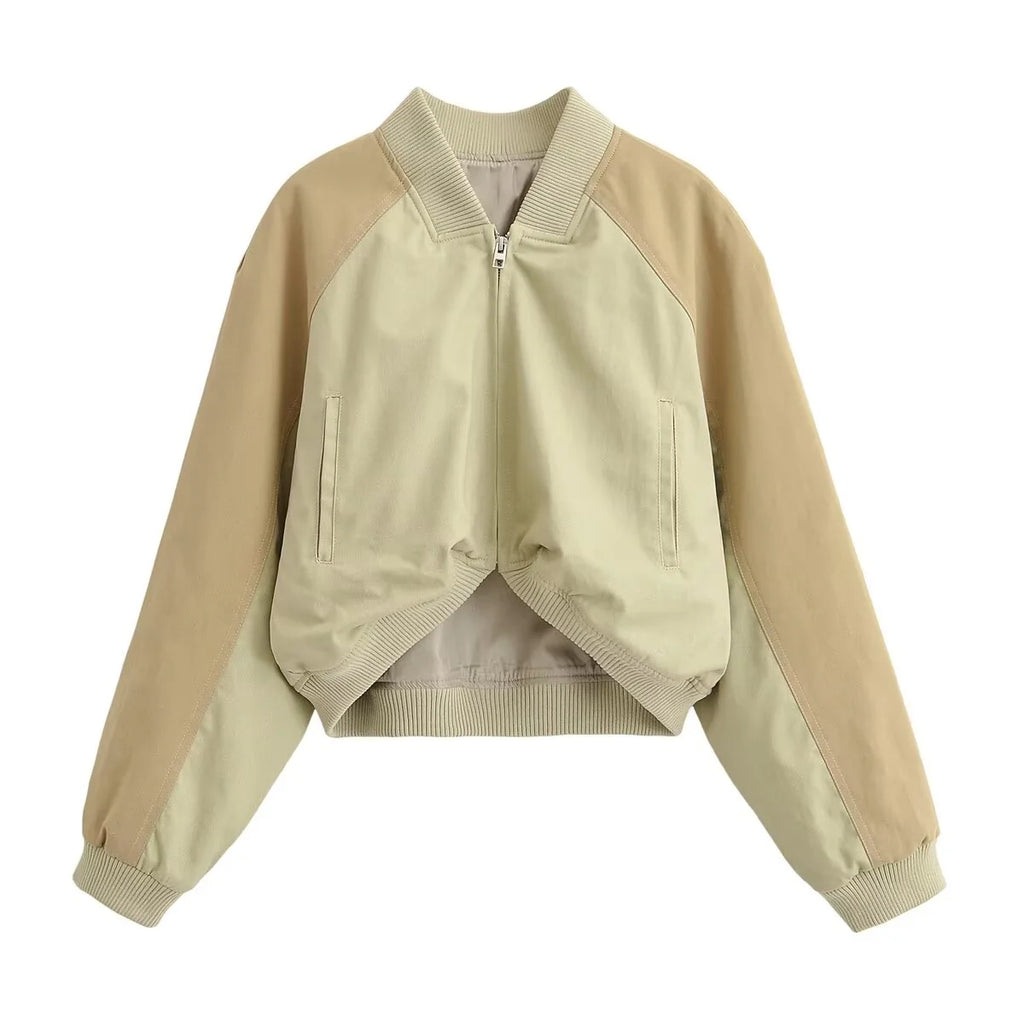 Women’s Washed Bomber Jacket – Loose Stand Collar Zip-Up Coat