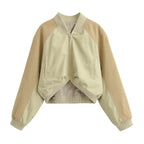 Women’s Washed Bomber Jacket – Loose Stand Collar Zip-Up Coat
