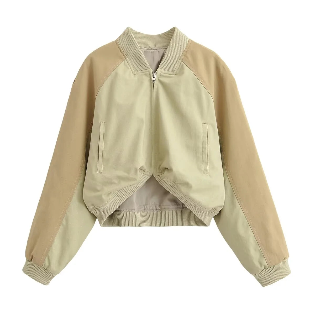 Women’s Washed Bomber Jacket – Loose Stand Collar Zip-Up Coat