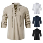 Men’s Cotton Linen Drawstring Shirt – Vintage Long Sleeve Casual Top