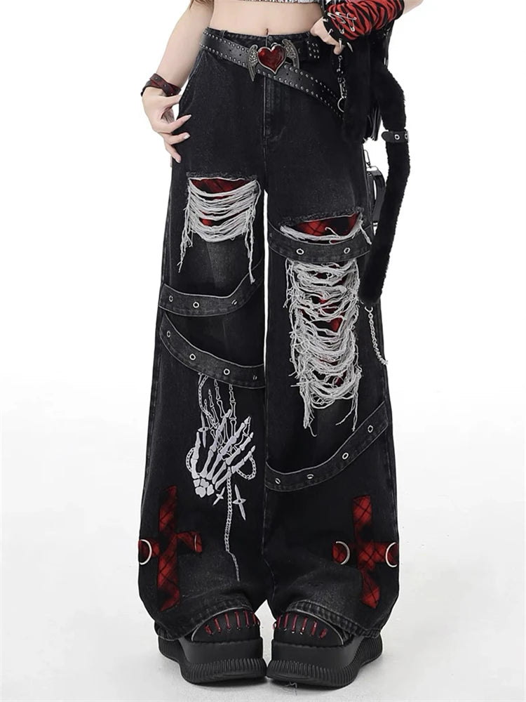 Women’s Red Grid Wide Leg Jeans – High Waist Punk Denim Pants