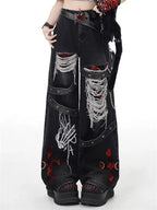 Women’s Red Grid Wide Leg Jeans – High Waist Punk Denim Pants