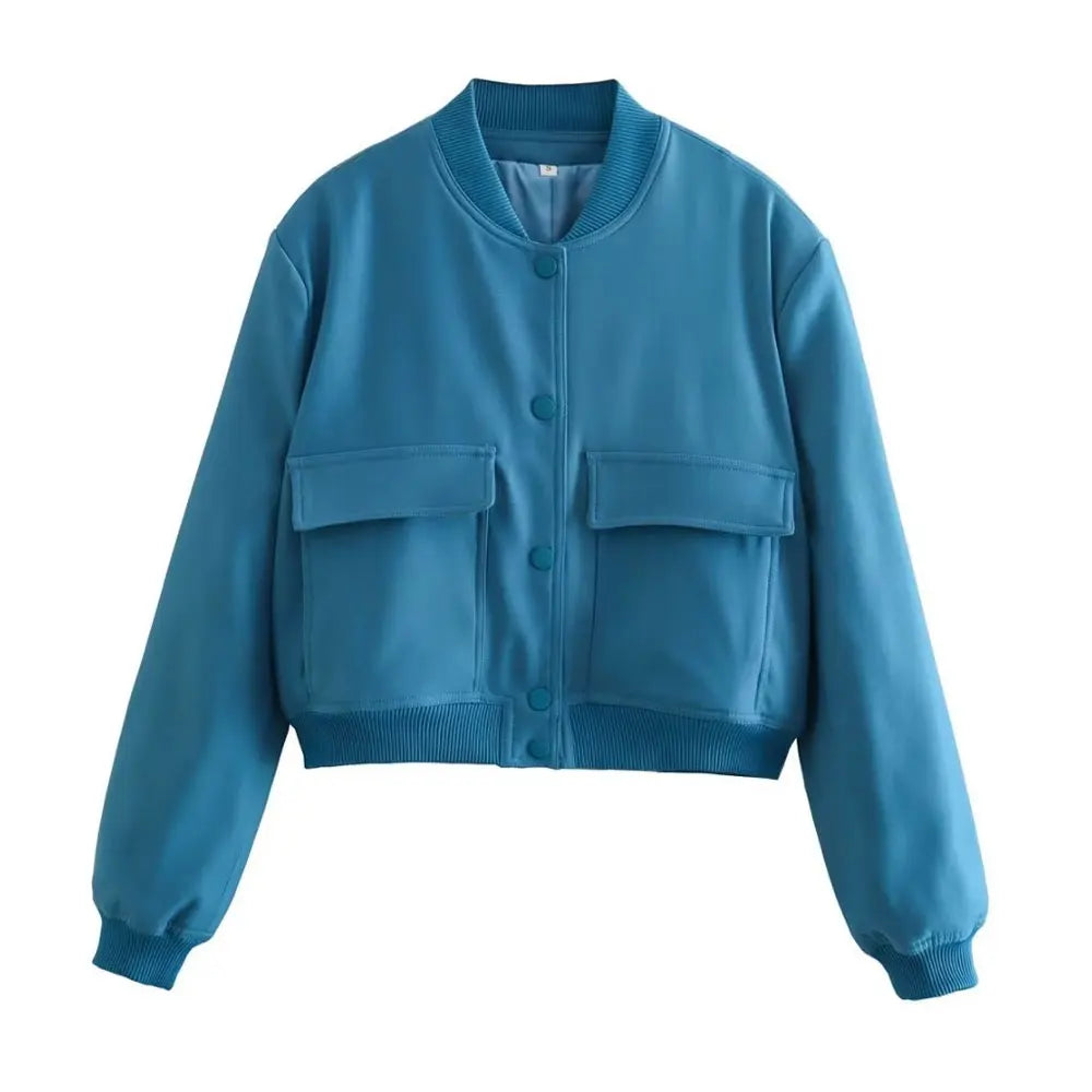 Women’s Vintage Button-Up Bomber Jacket – Long Sleeve Casual Outerwear
