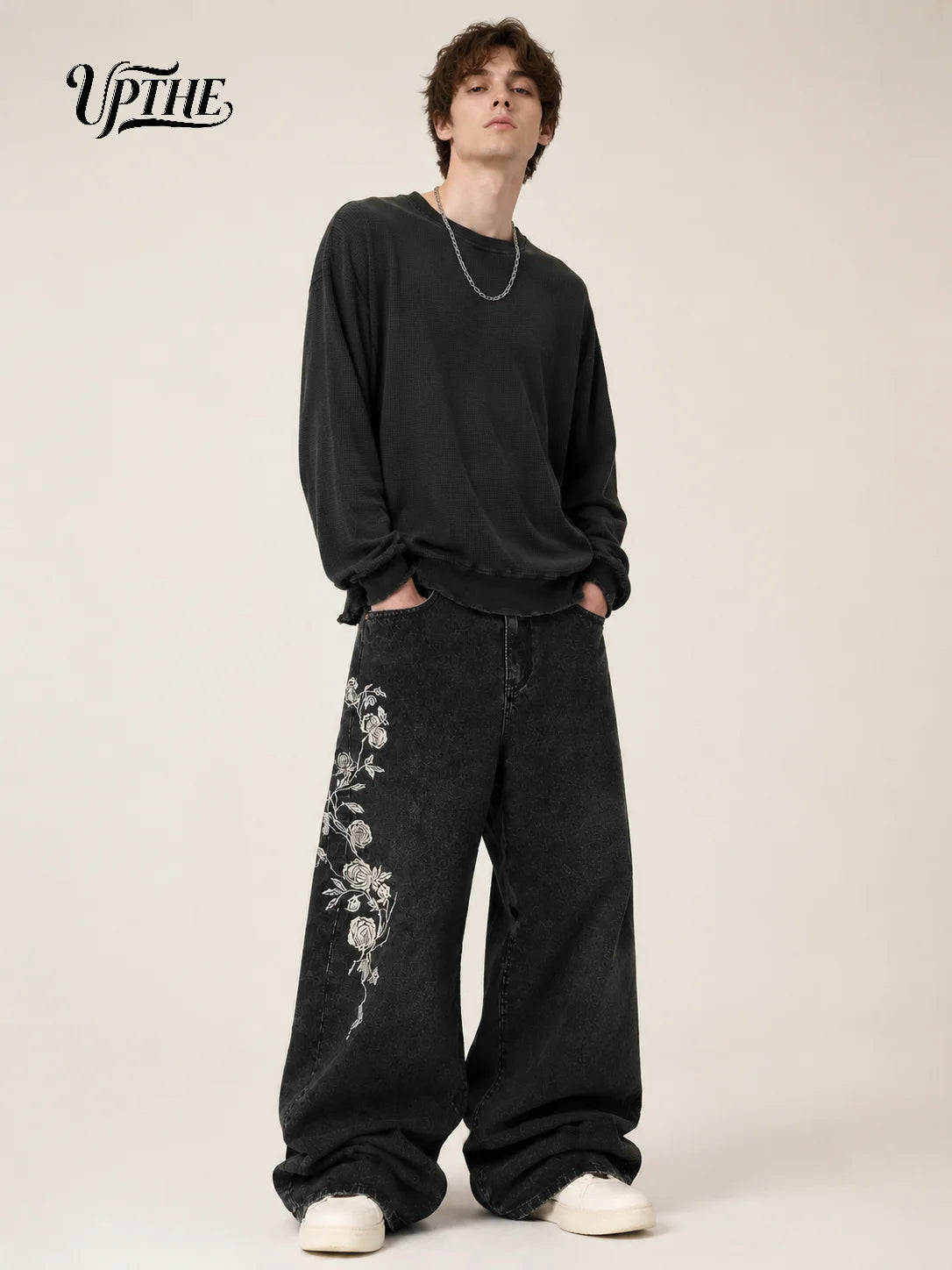 Men’s Washed Black Wide Leg Jeans – Oversized Rose Embroidery Denim Pants