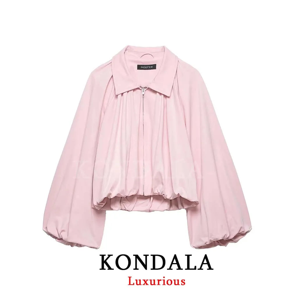 Women’s Pink Lantern Sleeve Bomber Jacket – Chic Zip-Up Spring Coat