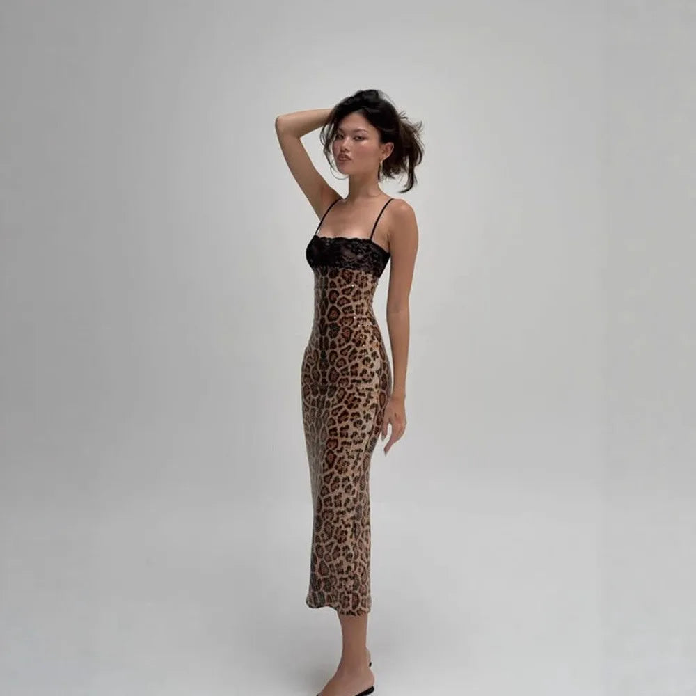 Leopard Lace Sequin Slip Dress – Women’s Backless Slim Party Dress