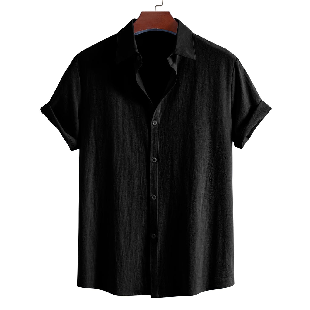Men’s Cotton Short Sleeve Lapel Shirt – Solid Color Casual Summer Top