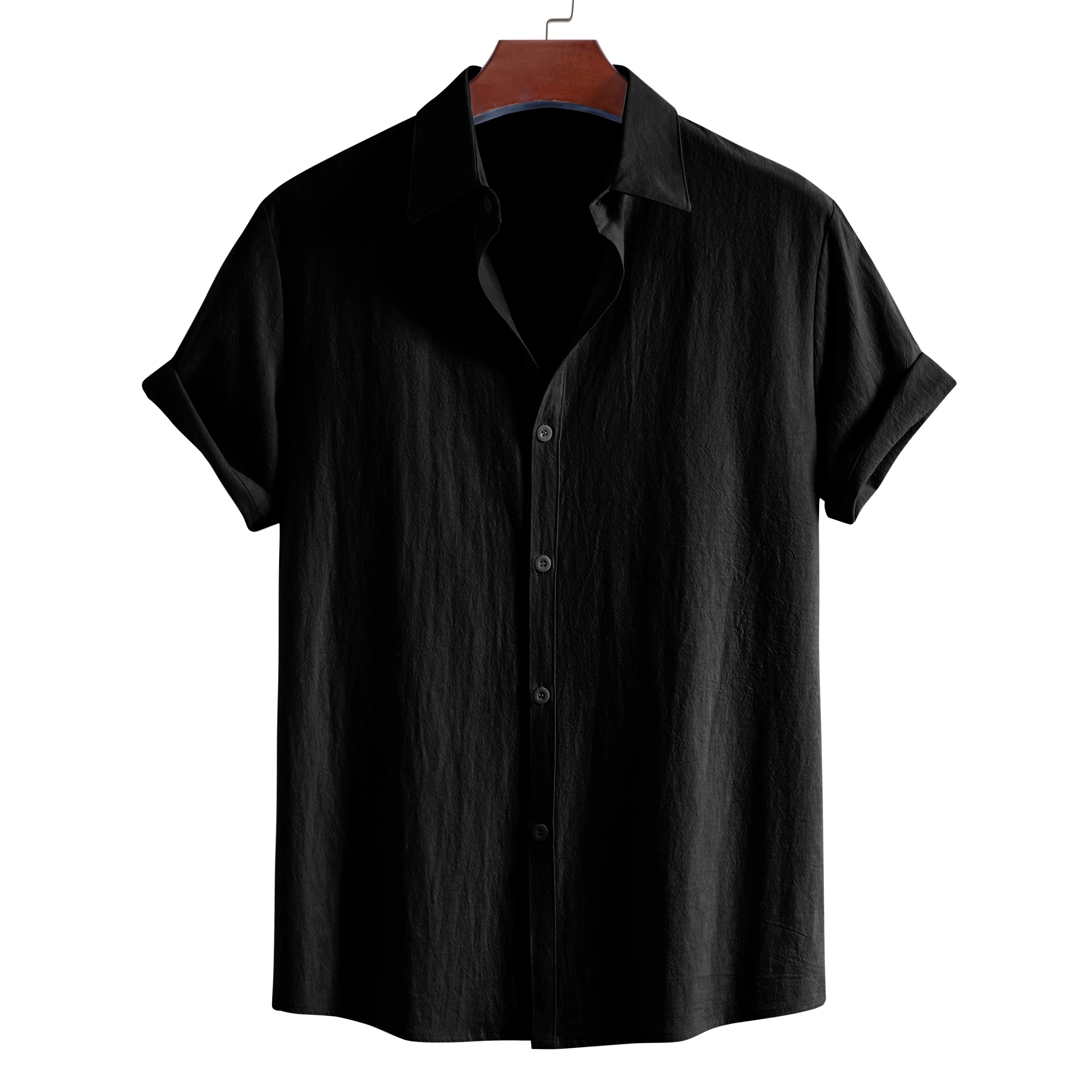Men’s Cotton Short Sleeve Lapel Shirt – Solid Color Casual Summer Top