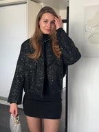 Women’s Sequin Bomber Jacket – Chic Long Sleeve Fall Outerwear