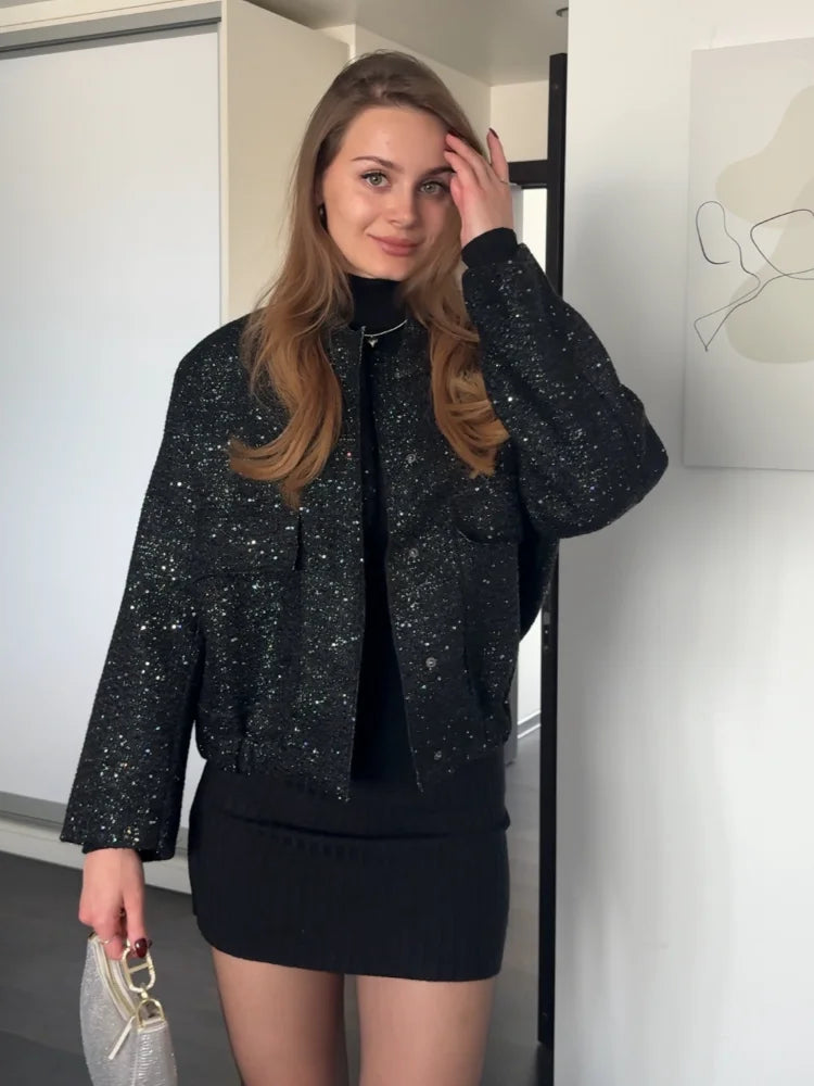 Women’s Sequin Bomber Jacket – Chic Long Sleeve Fall Outerwear