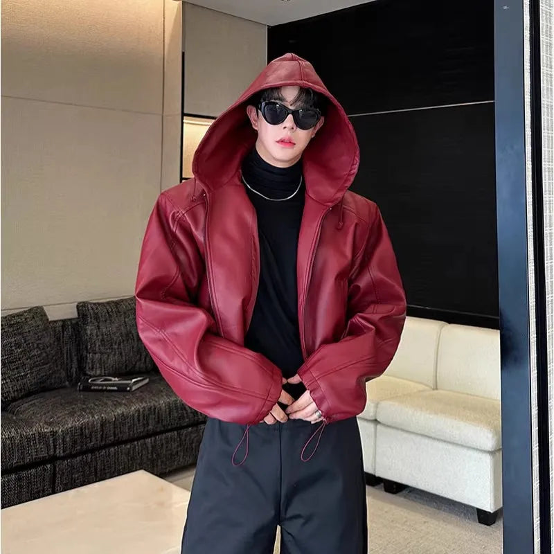 Men’s Short Hooded PU Leather Jacket – Black Waterproof Loose Fit Coat