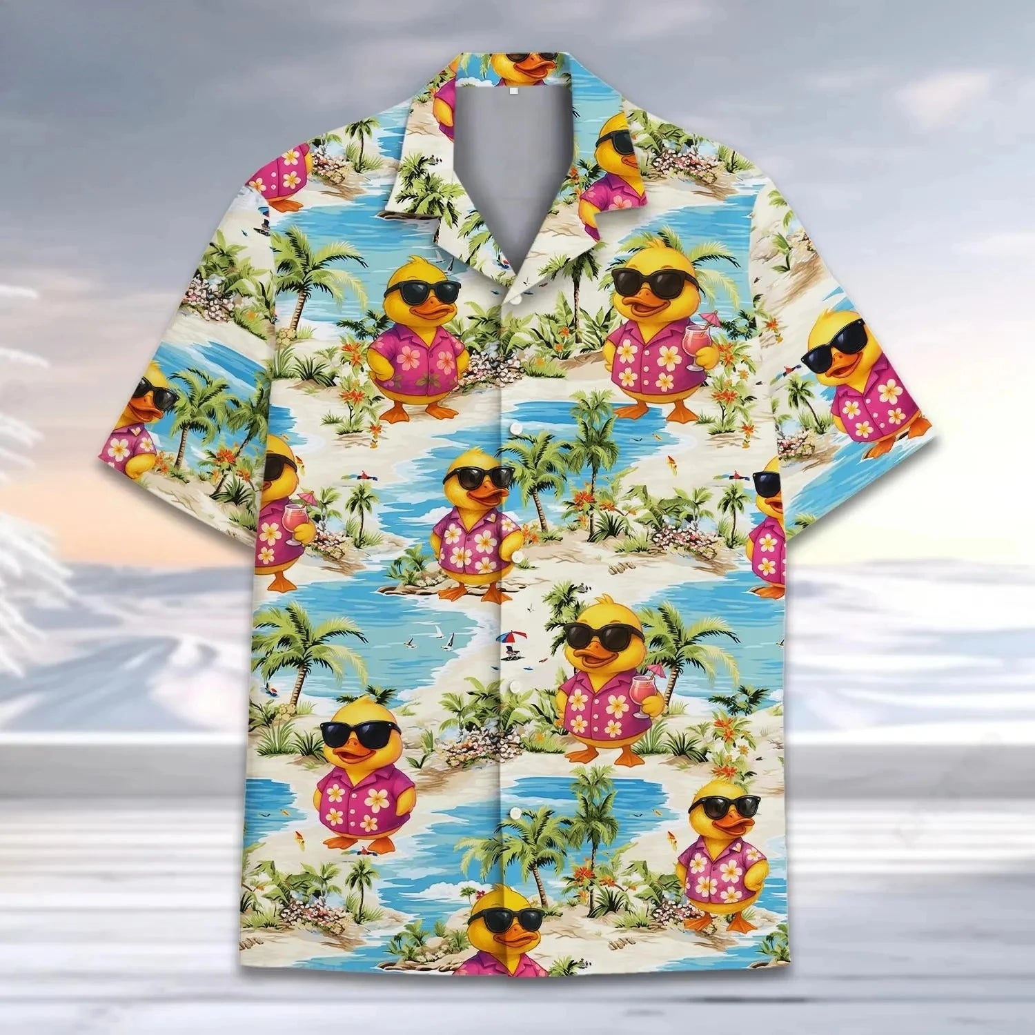 Men’s Neon Rubber Duck Hawaiian Shirt – Fun Printed Short Sleeve Button-Up