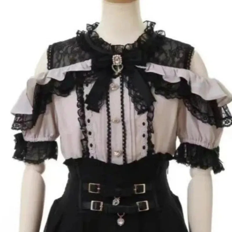 Lolita Bow Lace Blouse – Women’s Black & White Long Sleeve Shirt