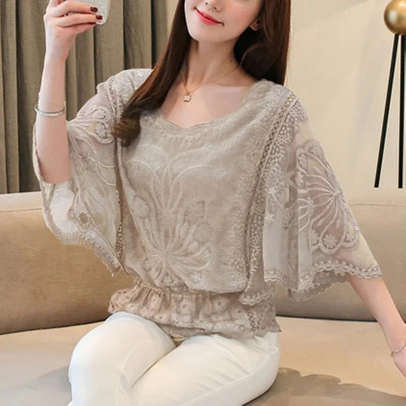 Women’s Summer Lace Chiffon Blouse – Loose Butterfly Sleeve Floral Top