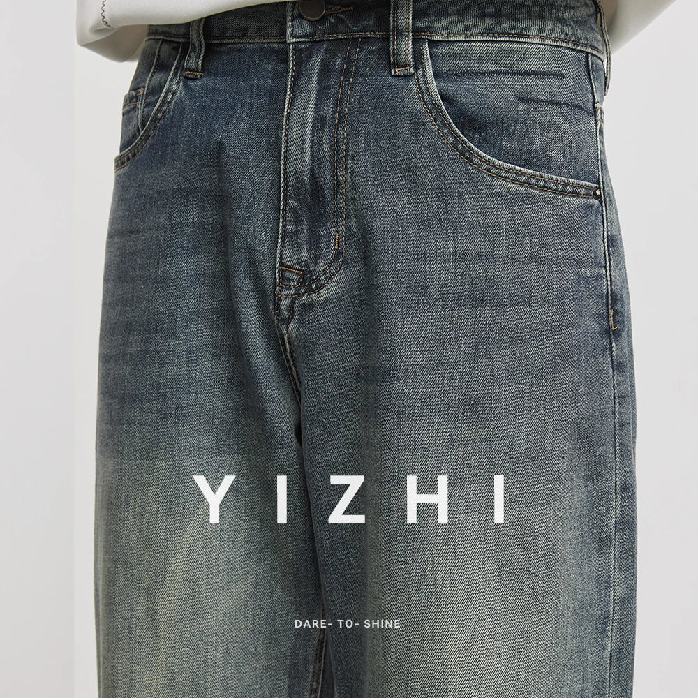 Men’s Vintage Washed Cut-Off Jeans – Loose Straight Wide Leg Denim Pants