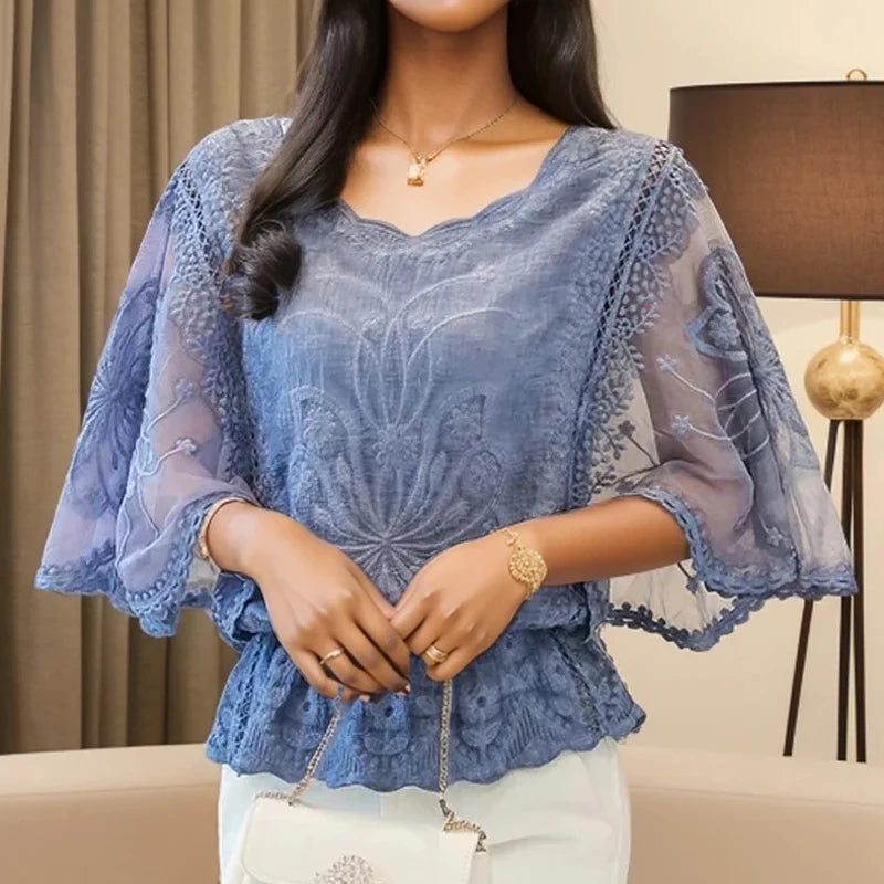 Women’s Summer Lace Chiffon Blouse – Loose Butterfly Sleeve Floral Top