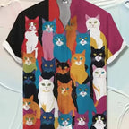 Men’s Cat Print Button-Up Shirt – Oversized Short Sleeve Summer Hawaiian Top