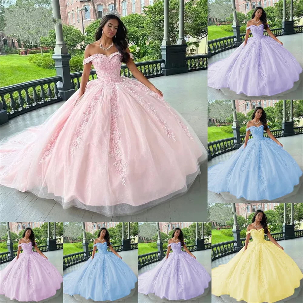 Pink Off Shoulder Tulle Princess Gown – Women’s Lace Formal Party Dress