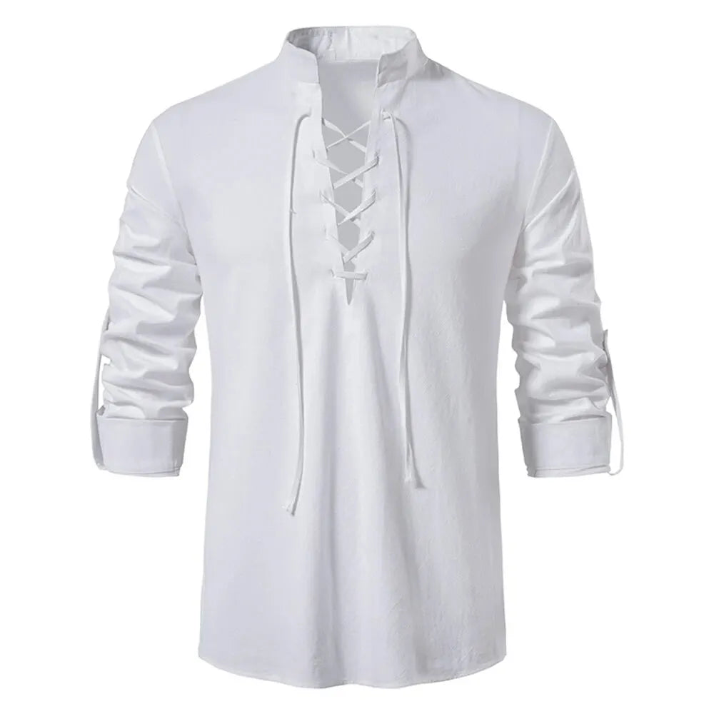 Men’s Cotton Linen Drawstring Shirt – Vintage Long Sleeve Casual Top