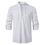 Men’s Cotton Linen Drawstring Shirt – Vintage Long Sleeve Casual Top