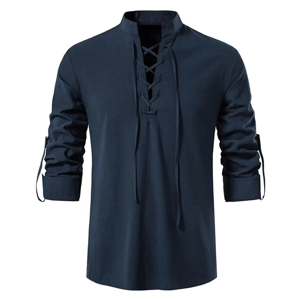 Men’s Cotton Linen Drawstring Shirt – Vintage Long Sleeve Casual Top