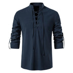 Men’s Cotton Linen Drawstring Shirt – Vintage Long Sleeve Casual Top