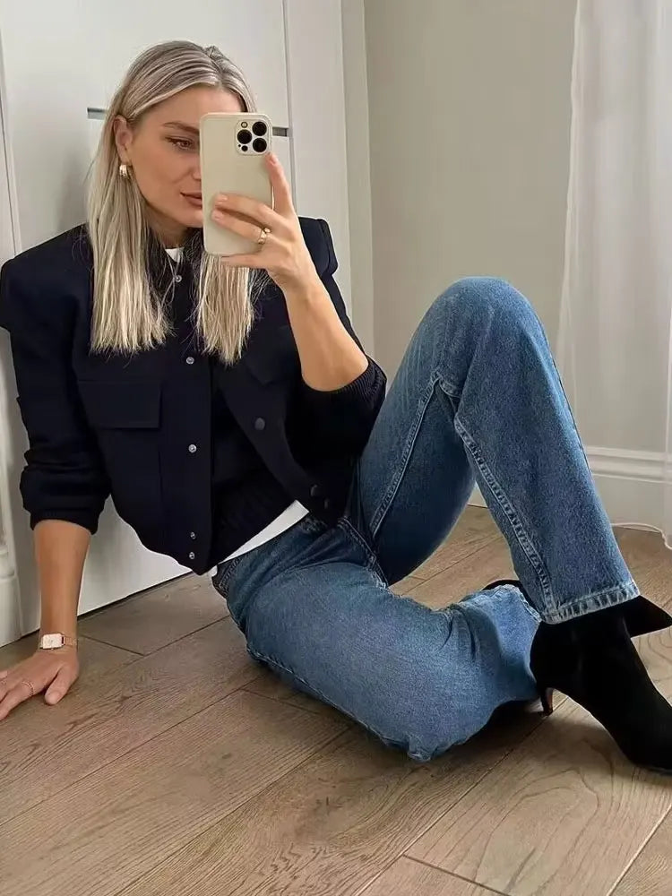 Women’s Vintage Button-Up Bomber Jacket – Long Sleeve Casual Outerwear