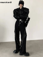 Men’s Oversized PU Leather Jacket – Black Shoulder Pad Zip-Up Coat