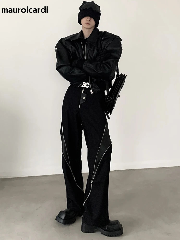 Men’s Oversized PU Leather Jacket – Black Shoulder Pad Zip-Up Coat