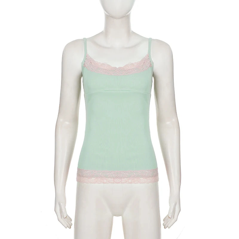 Lace Trim Patchwork Camisole – Women’s Y2K Spaghetti Strap Tank Top