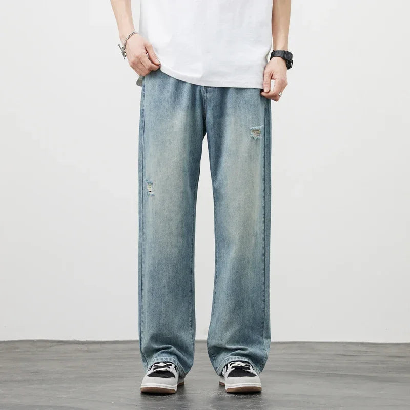 Men’s Vintage Ripped Baggy Jeans – Distressed Straight Leg Denim Pants