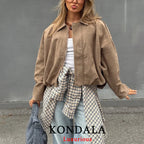 Women’s Khaki Suede Bomber Jacket – Oversized Zip-Up Coat