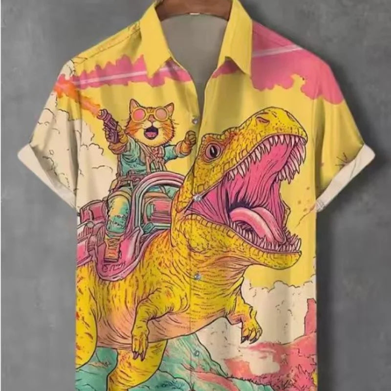 Men’s Cat Print Button-Up Shirt – Oversized Short Sleeve Summer Hawaiian Top