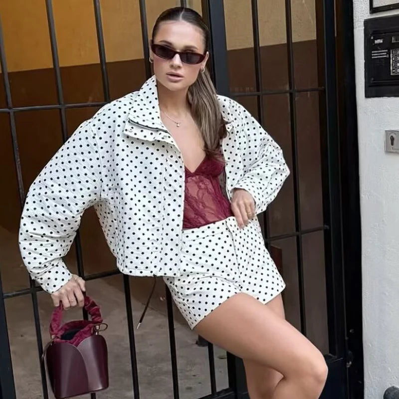 Polka Dot Bomber Jacket – Women’s Oversized Zip Up Outerwear