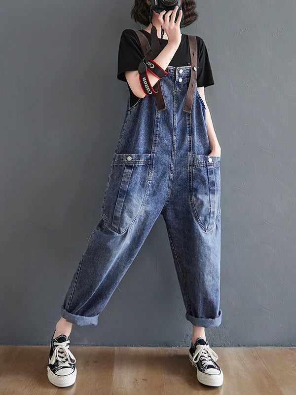 Women’s High Waist Denim Overalls – Loose Fit Cropped Summer Pants