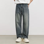 Men’s Vintage Washed Cut-Off Jeans – Loose Straight Wide Leg Denim Pants